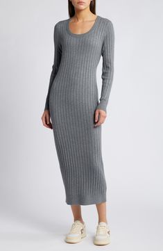 A graceful scoop neck adds a charming touch to a staple sweater dress knit in a wool-kissed blend. Scoop neck Long sleeves Ribbed cuffs and hem 36% viscose, 36% nylon, 22% polyester, 4% wool, 2% spandex Hand wash, dry flat Imported Elegant Knit Crew Neck Dresses, Fall Crew Neck Ribbed Dresses, Ribbed Crew Neck Fall Dresses, Elegant Knit Dresses With Crew Neck, Fall Ribbed Crew Neck Dress, Fitted Crew Neck Midi Dress For Fall, Winter Ribbed Crew Neck Dress, Fall Pointelle Knit Sweater Dress, Chic Fall Dress With Scoop Neck