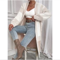 Cozy Khaki Color Block Stripes Fuzzy Open Front Cardigan Xs S M L Xl, Nylon Blend Classy Office, Fall Stripes, Sweater Preppy, Drop Shoulder Cardigan, Jersey Tops, Going Out Shirts, Cardigan Casual, Pullover Outfit, White Accessories