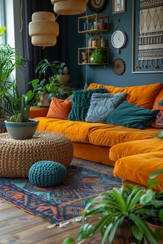 a living room filled with lots of colorful furniture and plants on top of the floor