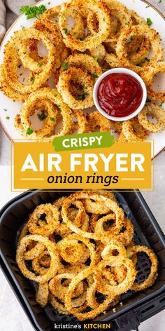 crispy air fryer onion rings with ketchup on the side