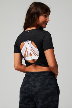 Dry-Flex Open Back Twist Short-Sleeve Tee Fabletics black female Activewear >> Womens >> Tops >> Short Sleeve T-Shirts >> Short-Sleeve Top regular Running/Training/Yoga and Studio Moisture-Wicking Tops Short Sleeve, Yoga Training, Dance Fashion, Running Training, Moisture Wicking Fabric, Classic White, Active Wear For Women, Diy Fashion, Open Back