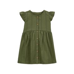 Give your kid a look they'll love with this Toddler Girl Carter's Olive Button-Front Flutter Dress.Give your kid a look they'll love with this Toddler Girl Carter's Olive Button-Front Flutter Dress. Click on the BABY PRODUCTS & CLOTHES GUIDE to find everything you need to keep your baby healthy and happy!FEATURES Front button placket Short sleeves Tiered designFABRIC & CARE Cotton Machine wash ImportedRESPONSIBLE Tested for harmful substancesSTANDARD 100 by OEKO-TEX® CERTIFIEDCertification No. 2 Casual Dresses With Buttons For Playtime, Casual Flutter Sleeve Twirl Dress For Playtime, Carters Size Chart, Kid A, Flutter Dress, Sleeve Dresses, Size 4t, Button Placket, Dress Making