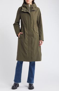 Sam Edelman Longline Hooded Jacket | Nordstrom Casual Long Coat With Adjustable Hood, Utility Nylon Raincoat For Fall, Utility Weatherproof Outerwear For Travel, Parka With Detachable Hood For Rainy Weather, Fall Utility Parka For Rainy Weather, Solid Parka With Double-lined Hood For Rainy Weather, Utility Parka For Fall And Rainy Weather, Long Parka Coat With Pockets, Utility Parka For Rainy Weather In Fall