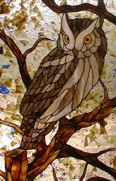 an owl sitting on top of a tree branch in front of a stained glass window