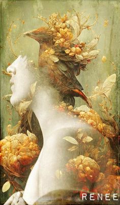 a painting of a woman with flowers in her hair and birds perched on her head