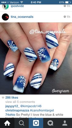 A wintery twist Blue Holiday Nail Designs, Blue Holiday Nails Winter Christmas, Gel Nails Ideas Winter, Winter Theme Nails, Winter Nail Designs Blue And White, Blue Glitter Winter Nails, Wintry Nails, Holiday Dip Nails Winter, Holiday Nails Blue And Silver