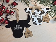 three christmas ornaments hanging from a tree