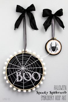 halloween spiderweb embroidery hoop art by spooky spiderweb with pom - poms