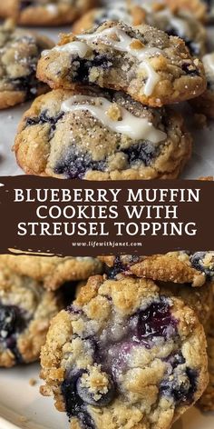 blueberry muffin cookies with streusel topping are stacked on top of each other