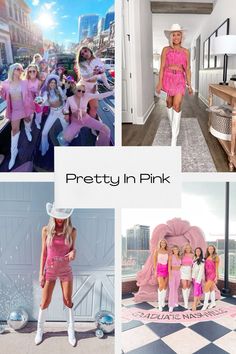 several photos of women in pink outfits and white hats with the words pretty in pink on them