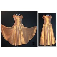 "Made by Harry Keiser, this is a dreamy organza dress in a lovely golden amber color. It has a grand sweeping hemline, a very light dress, you will want to wear a half slip under it, especially for reaching the fuller effect of the skirting. The only flaw is a black mark on the back, minor at best. I always recommend dry cleaning before wearing any vintage clothing. Bust 32-34\" Waist 26\" Hips free fitting Length from shoulder to hem is 47\"" Gold Silk Evening Dress For Prom, Gold Silk Prom Evening Dress, Gold Ball Gown With Fitted Bodice For Evening, Vintage Organza Party Dresses, Vintage Gold Evening Dress For Wedding, Vintage Gold Wedding Gown, Gold Vintage Wedding Gown, Gold Organza Party Gown, Gold Organza Gown For Party