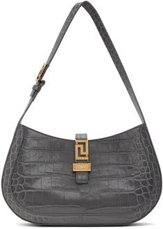 Croc-embossed calfskin shoulder bag in gray. · Adjustable shoulder strap · Logo hardware at magnetic press-stud tab · Zip pocket at interior · Buffed calfskin lining · Logo-engraved gold-tone hardware · H6.5 x W12 x D2 Supplier color: charcoal Gray Leather Evening Shoulder Bag, Evening Gray Leather Shoulder Bag, Formal Gray Shoulder Bag With Detachable Strap, Gray Leather Bag With Gold-tone Hardware, Gray Luxury Shoulder Bag For Evening, Luxury Gray Shoulder Bag With Palladium Hardware, Luxury Gray Shoulder Bag, Luxury Gray Shoulder Bag For Office, Luxury Gray Shoulder Bag With Silver-tone Hardware