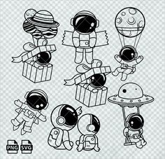 an image of spaceman cartoon characters with gift boxes and balloons on transparent glass background