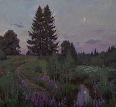 an oil painting of purple flowers and trees in the background with a moonlit sky