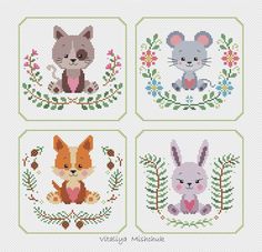 four cross stitch designs with animals and flowers