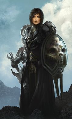 a woman holding a shield and a skull in her hand on top of a mountain