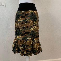 Surrealist Camo Midi Drape Skirt. New And Never Worn But No Tags Size 1 Equivalent To Womens Small Fitted Camouflage Mini Skirt, Camouflage Summer Skirt, Camouflage Mini Skirt For Spring, Fitted Green Cargo Skirt With Lining, Summer Camouflage Mini Skirt, Brown Stretch Skirt, Spring Camouflage Mini Skirt, Fitted Knee-length Cargo Skirt With Lining, Casual Brown Gathered Skirt