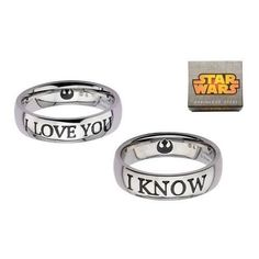 Relive the romance and loving bond of Princess Leia and Han Solo with the Star Wars I Love You and I Know Couple Ring Set. This stainless steel ring set features the quotes from the hit movie Star Wars Episode V: The Empire Strikes Back. The Star Wars I Love You and I Know Couple Ring Set includes a size 7 ring that says 'I love you' and a size 10 ring that says 'I know. Sure to make a great gift to any Star Wars loving couple! Officially licensed. Cute Couple Rings Star Wars, Star Wars Rings, Art Nouveau Engagement Ring, Star Wars Ring, Delicate Silver Rings, I Love You Ring, Bark Ring, Star Wars Jewelry, Star Wars Fashion