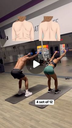 two people are doing exercises on mats in a room with mirrors and pictures above them