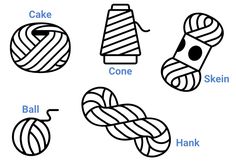 four different types of yarns are shown in black and white, with the names below them