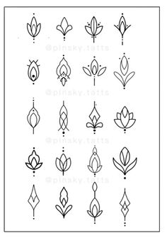 an image of different types of flowers and leaves in black ink on a white background