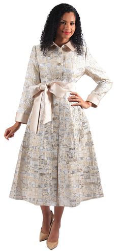 Luxe Collection Style: 8649 Dimensional basket weave button front dress with satin shirt collar and sash belt Color: Champagne 1 Piece Dress, Corporate Chic, Dressy Dress, Dress Stands, Women Church Suits, African Outfits, Champagne Pink, Church Dress, Dress Colors