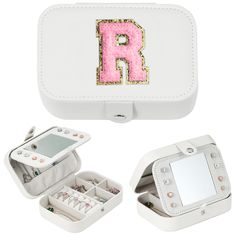 a white case with pink and gold sequins on the letter r in it