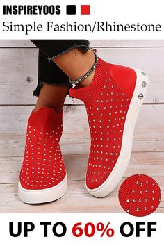 Slip-On Rivet Comfortable Rhinestone Flyk-nit Sneakers Black Red 36/37/38/39/40/41 Rhinestone Fabric, Zipper Heels, Jeans Material, Vans Classic Slip On Sneaker, Converse High Top Sneaker, Converse Chuck Taylor High Top Sneaker, Platform Heels, Nike Free