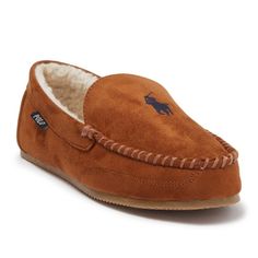 Features: Slip On Moccasin Style Slippers Warm Plush Lining Embroidered Polo Ralph Lauren Branding New In Box Guaranteed Authentic! Comfortable Brown Round Toe Moccasins, Brown Suede Flat Moccasins, Brown Slippers With Rubber Sole And Plain Toe, Brown Flat Moccasins With Rubber Sole, Brown Suede Slip-on Slippers, Comfortable Brown Suede Moccasins, Classic Brown Round Toe Slippers, Brown Cushioned Slippers With Round Toe, Casual Brown Moccasins With Closed Toe