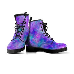 CHRISTMAS ORDERS: Please note orders placed today will not arrive before Christmas. Gorgeous and unique faux leather vegan boots with purple galaxy print. Available in regular boots or faux fur lined in mens and womens sizes. FEATURES * Vegan-friendly leather with a double-sided print and rounded toe construction * Lace-up closure for a snug fit * Soft textile lining with sturdy construction for maximum comfort * High-quality rubber outsole for traction and exceptional durability SIZING Check th Trendy Purple Winter Boots, Trendy Purple Round Toe Boots, Trendy Purple Boots With Round Toe, Purple Round Toe Platform Boots For Winter, Galaxy Boots, Womens Leather Boots, Steampunk Woman, Floral Combat Boots, Combat Boots Style