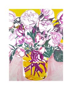 a painting of flowers in a yellow vase on a pink and yellow tablecloth background