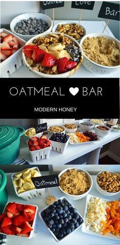 a table topped with lots of different types of foods and desserts next to a sign that says oatmeal bar