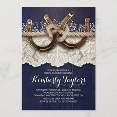 an elegant wedding card with two horseshoes and lace