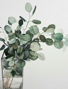 a vase filled with green leaves on top of a table