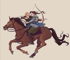 two people riding on the back of a brown horse with an arrow in their hand