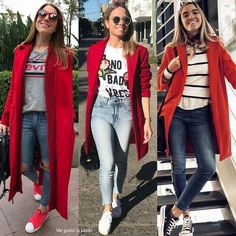 Outfits Saco Rojo, Red Coat Outfit Casual, Outfit Saco Rojo, Coatigan Outfit, Red Coat Outfit, Coat Outfit Casual, Brasil Fashion, Outfit Cardigan, California Outfits