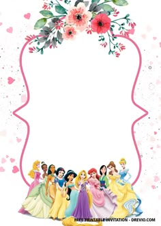 the princesses are lined up in front of a white background with pink flowers and hearts