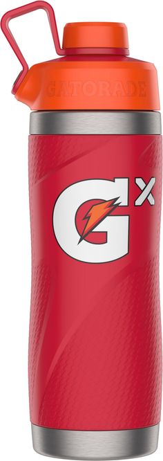 the gatorade water bottle is red and has an orange lid, with a logo on