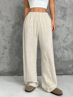 Women's Casual Vacation Apricot Wide Leg Pants With Drawstring Waist Apricot Casual   Woven Fabric Plain Straight Leg Non-Stretch  Women Clothing, size features are:Bust: ,Length: ,Sleeve Length: Hijab Style Casual, Women Pants, Pantalon Large, Kids Beachwear, Women's Casual, Hijab Fashion, Eos, Drawstring Waist, All Fashion