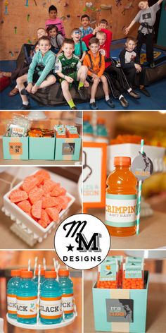 a collage of photos with orange and teal colors, including candies in boxes