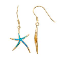 Showcase your seaside style when you don these alluring lab-created blue opal starfish earrings.EARRING DETAILSLength: 1.22 in. Backings: fishhookMetal: sterling silverPlating: 14k goldPackaging: boxedSTONE DETAILSStone type: lab-created blue opalTotal weight: 1 ct.Setting: inlayGemstones may have been treated to enhance their appearance. Special care may be required.  Size: One Size. Gender: female. Age Group: adult. Material: Gold Over Sterling. Seaside Style, Starfish Earrings, Leverback Earrings, Blue Opal, Starfish, Jewelry Earrings Dangle, Gold Earrings, Gold Tones, Opal