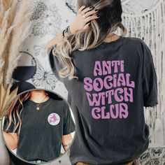 Embrace your mystical side with our Comfort Colors AntiSocial Witch Club Shirt. This enchanting tee features a captivating front corner witch graphic and proudly displays "antisocial witch club" text on the back. Perfect for magic enthusiasts and those who cherish their solitude, this shirt blends retro aesthetics with ultimate comfort. Ideal as a Halloween costume or for casual wear, it's a must-have addition to your wardrobe. Join the funny witches gang and stand out with this cute neon group Spooky Crew Neck Tops For Alternative Fashion, Witchy Short Sleeve Cotton Tops, Witchy Cotton Short Sleeve Tops, Witchy Cotton Tops With Letter Print, Witchy Cotton Crew Neck Tops, Relaxed Fit T-shirt For Halloween Alternative Fashion, Witch Aesthetic Outfit, Green Witch Aesthetic, Womens Halloween Costume