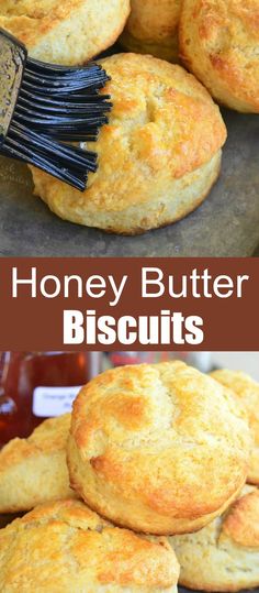 honey butter biscuits are piled on top of each other