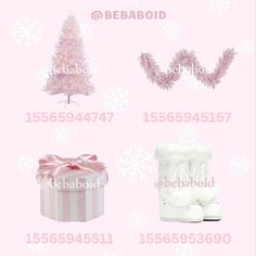 the pink christmas tree is next to two white shoes and a box with a ribbon on it