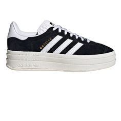 Design: Iconic Gazelle Silhouette With Bolder Details Serrated 3-Stripes And A Metallic-Gold "Gazelle" Classic Lace Closure With A Premium Soft Suede Upper Gazzels Shoes, Gazelle Bold Shoes, Black Gazelles, Adidas Gazelle Black, Adidas Bold, Adidas Gazelles, Gold Shoe, Gazelle Bold, Adidas Shoes Originals