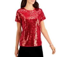 Nwt Charter Club Women's Sequined Short Sleeve Top In Ravishing Red! Give Your Wardrobe A Sparkling Update With This Sequined Top From Charter Club, Perfect With Skinny Jeans. Original Price $59.50 Size Medium, Small Sku # 3m 73 Christmas Sequin Tops, Red Sequined Top For Christmas, Red Sequin Tops For Spring, Red Tops For Festive Party Season, Red Festive Top For Party Season, Luxury Jeans, Black Blouse Women, Sequined Top, Petite Blouses