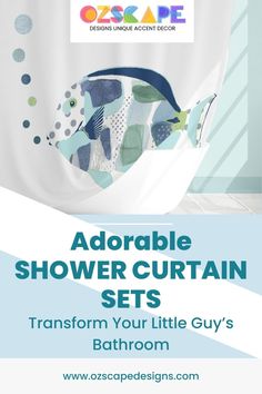 an advertisement for a shower curtain set with fish in the water and bubbles on it