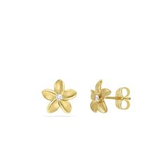 14K Yellow Gold Plumeria Stud Earrings with 0.04 Carats (total weight) of Diamonds. The Plumeria flower measures approximately 5/16" in width. 14k Yellow Gold Flower Earrings For Anniversary, Fine Jewelry Yellow Gold Flower Earrings, 14k Yellow Gold Flower Earrings Fine Jewelry, Yellow Gold Flower Earrings In 14k, 14k Yellow Gold Flower Earrings, Flower Shaped Yellow Gold Diamond Earrings Gift, Yellow Gold Flower Diamond Earrings Gift, Classic Yellow Gold Flower Earrings For Pierced Ears, Classic Yellow Gold Flower Earrings