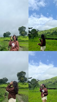 four different pictures of a woman standing in the grass with her hands on her head