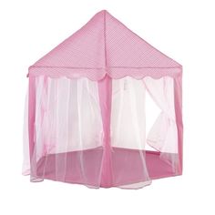 a pink play tent with mosquito netting on the top and side walls, set against a white background